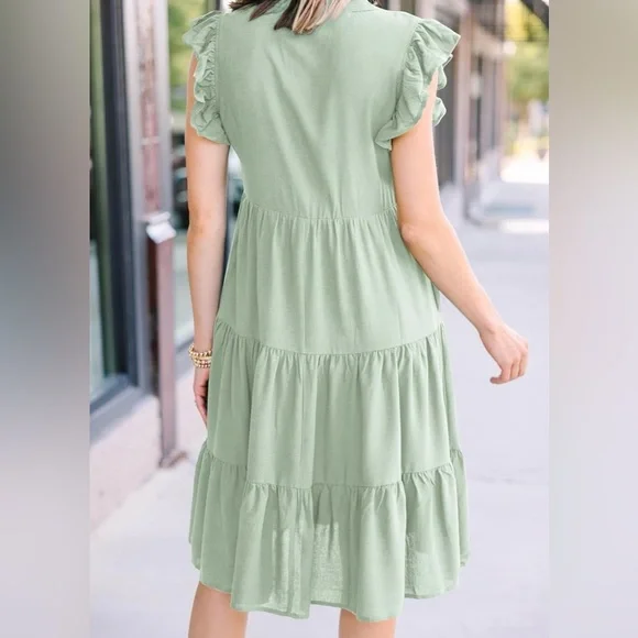 Spring Ruffle Layered V Neck Midi Dress Light Green - Picture 3 of 6